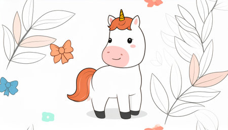 Cute unicorn in cartoon style with flowers and leaves. Vector illustration.のイラスト素材