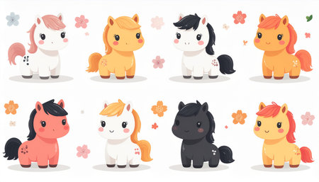 Cute cartoon pony character vector set. Cute pony, horse, pony, pony, stallion, pony, pony, pony, horse.のイラスト素材