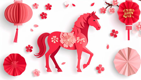 Happy Chinese new year 2020 year of the horse paper cut style.のイラスト素材