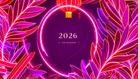 Happy New Year 2023. Chinese New Year of the Pig. Festive background with glowing neon lanterns.のイラスト素材