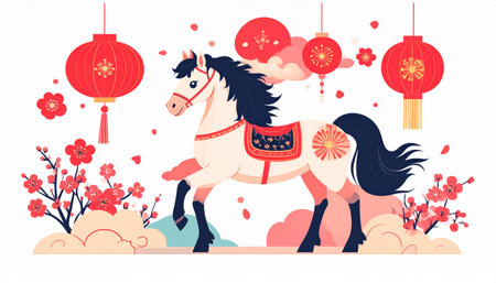 Horse and Chinese New Year. Vector illustration in flat style.のイラスト素材
