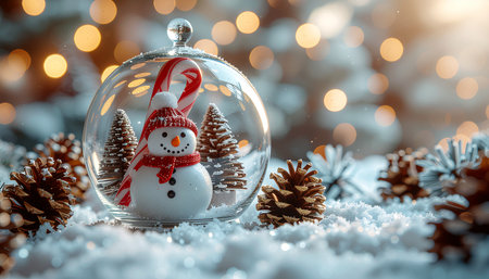 Snowman in glass christmas ball on snow with bokeh background