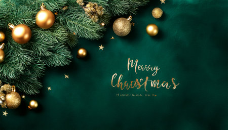 Christmas greeting card. Merry Christmas lettering and decoration on green background.のイラスト素材