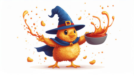Cute cartoon chicken in a witch hat and with a bowl of orange juice.のイラスト素材