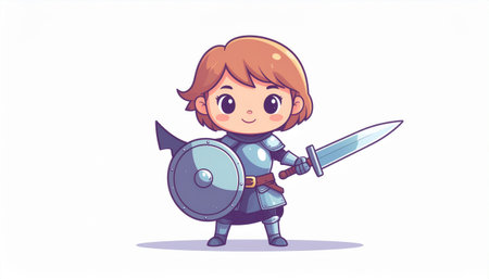 Cute little boy in knight costume holding shield and sword. Vector illustration.のイラスト素材