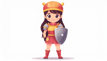 Cute little girl in medieval costume holding shield. Cartoon vector illustration.のイラスト素材