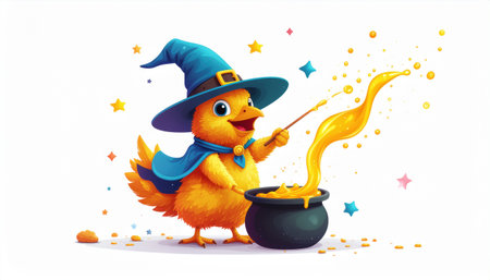Cute cartoon chicken in a witch hat and a pot of gold.のイラスト素材