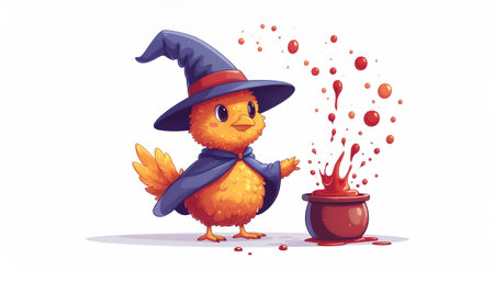 Cute cartoon chicken in a witch costume with a pot of potion.のイラスト素材
