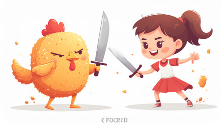 Cute little girl and chicken vector illustration. Cute cartoon chicken character.のイラスト素材