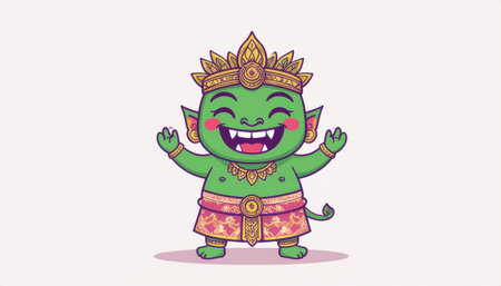 Vector cartoon character illustration of cute green hindu god in traditional costume.のイラスト素材
