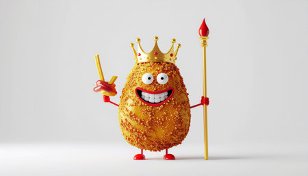 Funny kiwi with golden crown and spear on white backgroundのイラスト素材