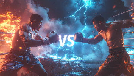 Two mixed-race boxers fighting with each other in ring. Mixed media