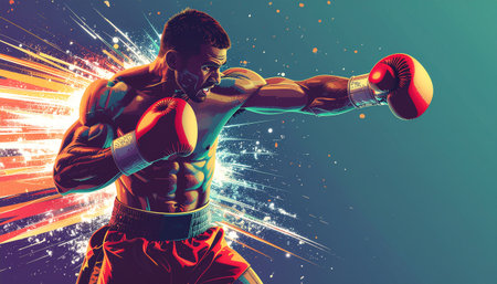 Boxer with red gloves ready to fight. 3D illustration.のイラスト素材