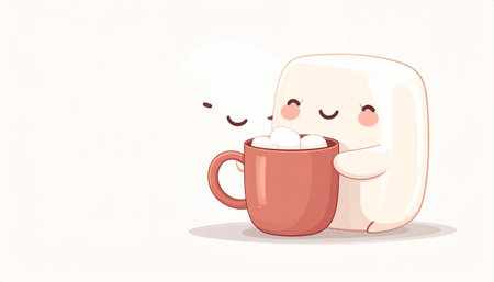 Cute marshmallow with a cup of coffee. Vector illustration.のイラスト素材