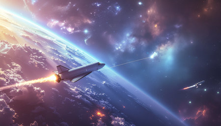 Space shuttle flying in space with starry background. 3D rendering