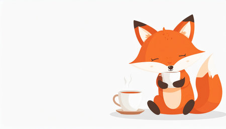 Cute cartoon fox with a cup of coffee. Vector illustration.のイラスト素材