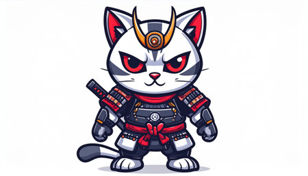 Cute cartoon cat in a costume of a samurai. Vector illustration.のイラスト素材