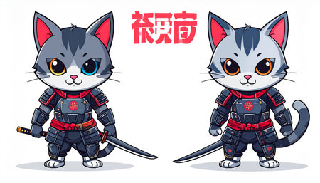 Funny cartoon kawaii cat and knight with swords. Vector illustration.のイラスト素材