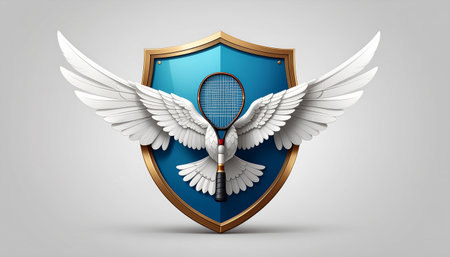 Tennis emblem with wings and racket on grey background. Vector illustration.のイラスト素材