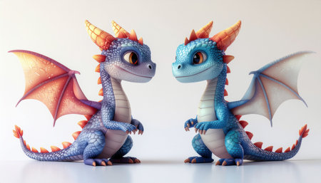 Two blue dragon toys on a white background, close-up.のイラスト素材