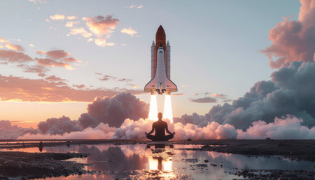 Silhouette of a woman practicing yoga on a rocket at sunset