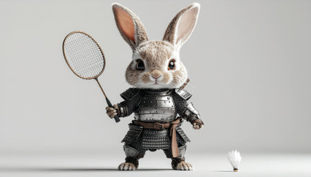 Rabbit dressed as a medieval knight with a badminton racketのイラスト素材