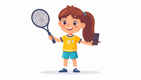Cute little girl playing tennis. Vector illustration in cartoon style.のイラスト素材
