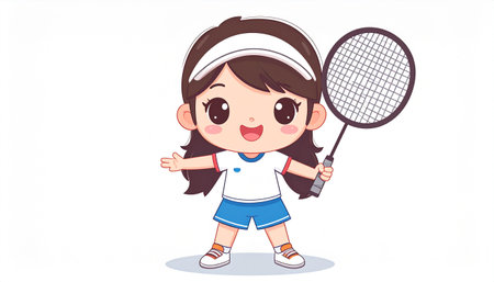 Cute little girl with badminton racket. Vector illustration.のイラスト素材