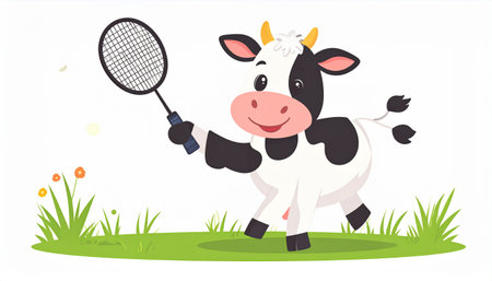 Cute cartoon cow with badminton racket. Vector illustration.のイラスト素材
