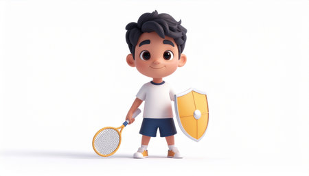 3d illustration of a cute boy with a tennis racket and shieldのイラスト素材