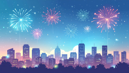 Cityscape silhouette with fireworks on blue sky background. Vector illustration.のイラスト素材