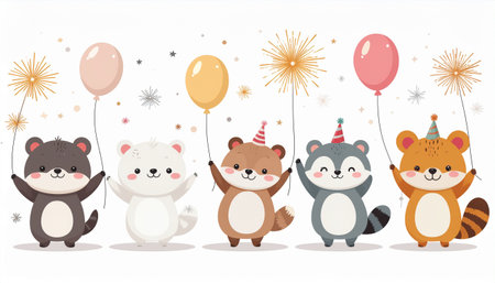 Cute animals with balloons and fireworks. Hand drawn vector illustration.のイラスト素材