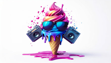 Ice cream in waffle cone with sunglasses and speaker on white backgroundのイラスト素材