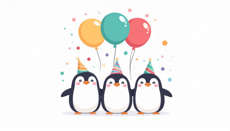 Cute penguins with party hats and balloons. Vector illustration.のイラスト素材