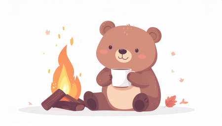 Cute cartoon bear sitting near bonfire and drinking tea. Vector illustration.のイラスト素材