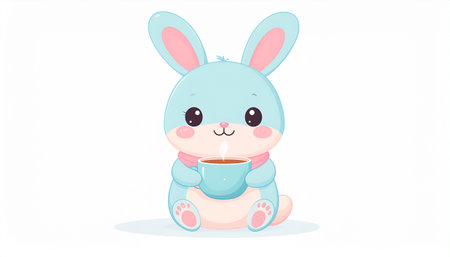 Cute cartoon bunny with a cup of coffee. Vector illustration.のイラスト素材