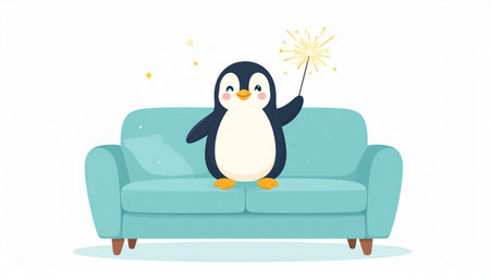 Cute penguin sitting on sofa. Vector illustration in flat styleのイラスト素材