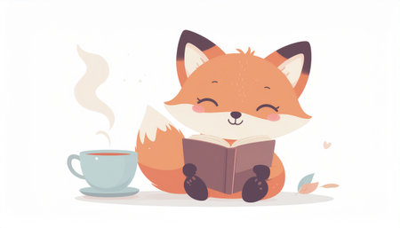 Cute fox reading a book and drinking coffee. Vector illustration.のイラスト素材