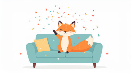 Cute fox sitting on sofa. Vector illustration in flat style.のイラスト素材