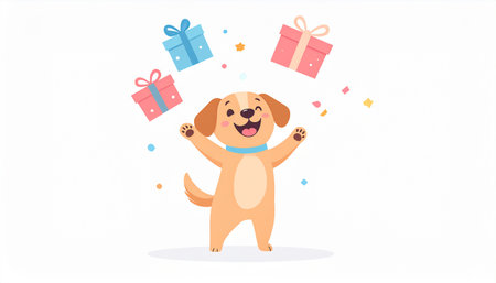 Cute cartoon dog with present and confetti. Vector illustration.のイラスト素材