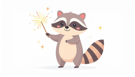 Cute raccoon with magic wand. Vector illustration in cartoon style.のイラスト素材