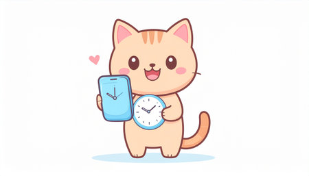 Cute cat holding a clock and a smartphone. Vector illustration.のイラスト素材