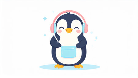 Cute penguin listening to music on headphones. Vector illustration.のイラスト素材