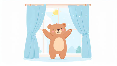 Cute cartoon bear standing near the window with curtains. Vector illustration.のイラスト素材