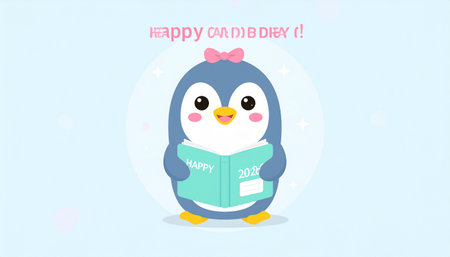 Cute penguin reading a book. Happy birthday card. Vector illustration.のイラスト素材