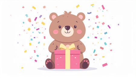 Cute bear with gift box and confetti. Vector illustration.のイラスト素材