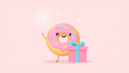 Cute cartoon donut character with gift box. Vector illustration.のイラスト素材