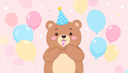 Cute teddy bear with birthday hat and balloons. Vector illustration.のイラスト素材