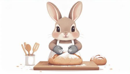Cute Easter bunny and bread on white background. Vector illustration.