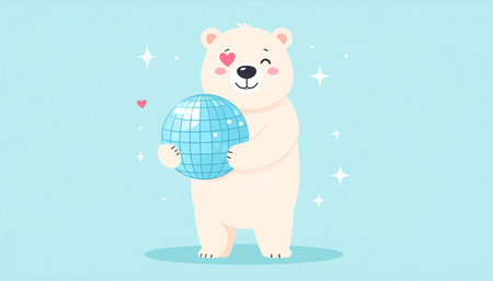 Cute polar bear holding disco ball. Vector illustration in cartoon style.のイラスト素材